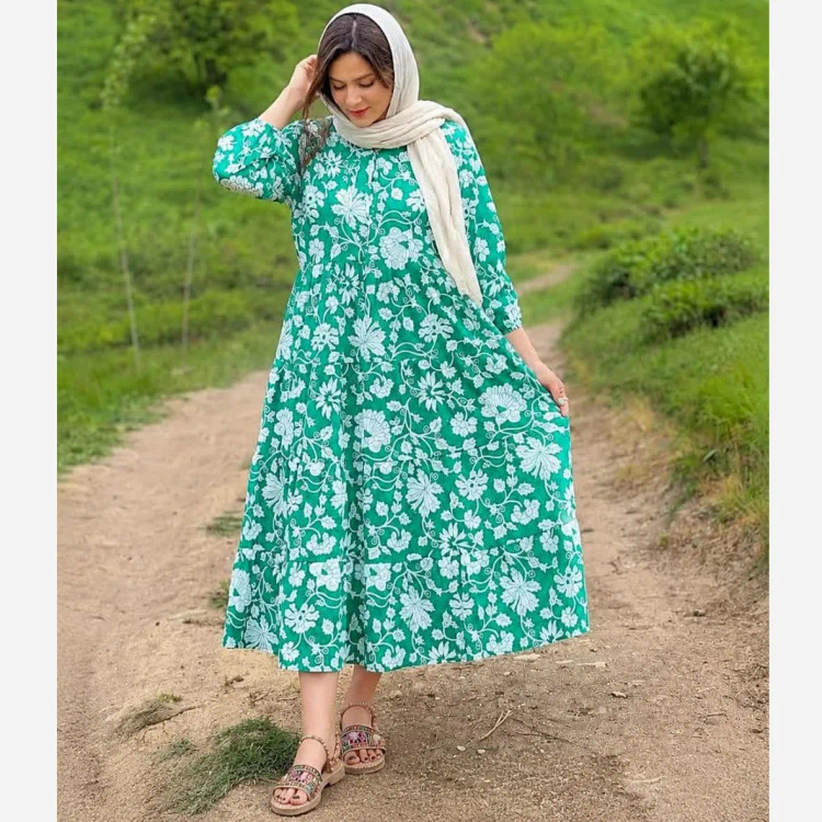 پیراهن زنانه مانتویی فلور طرح ساحلی مدل دامن 3 چین سایز 36 تا 50
