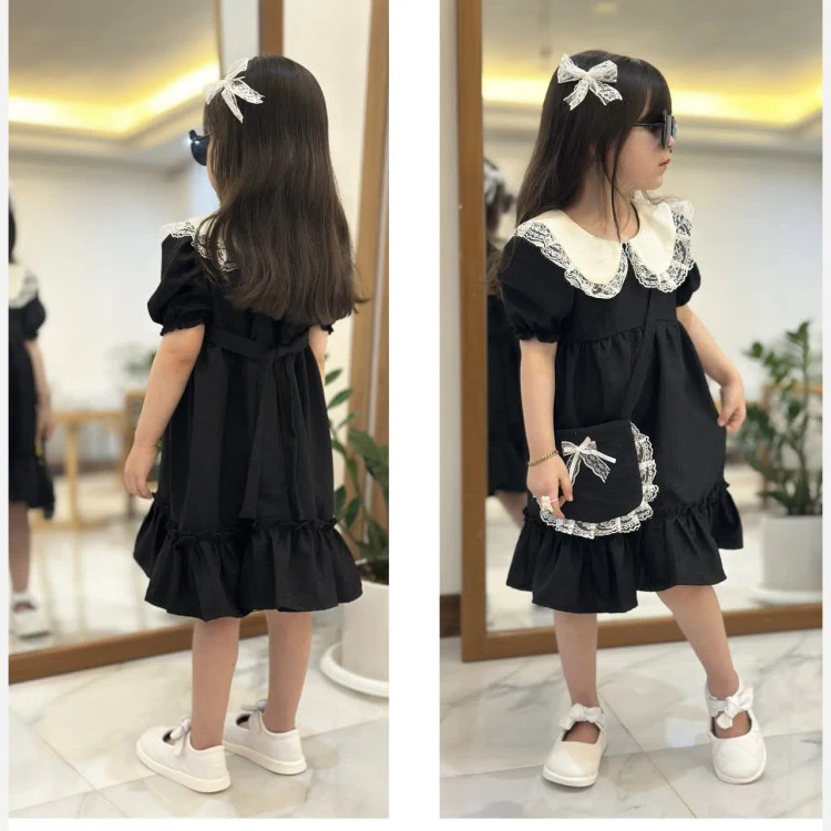 ست 4 تیکه دخترانه پیراهن لنین به همراه کیف و 2 گیره مو سایز 2 تا 8 سال