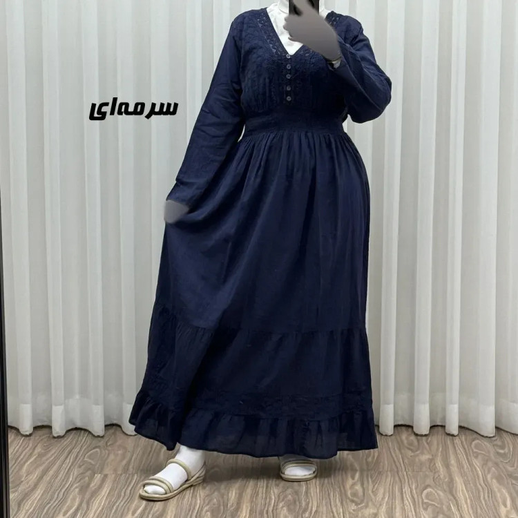 پیراهن ساحلی زنانه آستین بلند نخی تافته فری سایز مدل سلن دکمه دار آستردار