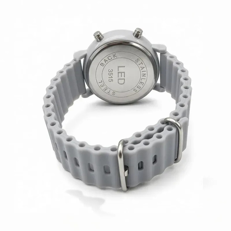 ساعت دیجیتالی LED Watch با بند پیو طوسی و صفحه گرد 35 میلیمتری