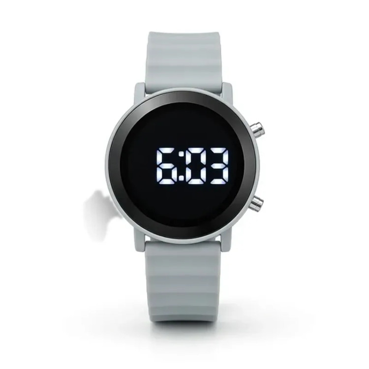 ساعت دیجیتالی LED Watch با بند پیو طوسی و صفحه گرد 35 میلیمتری