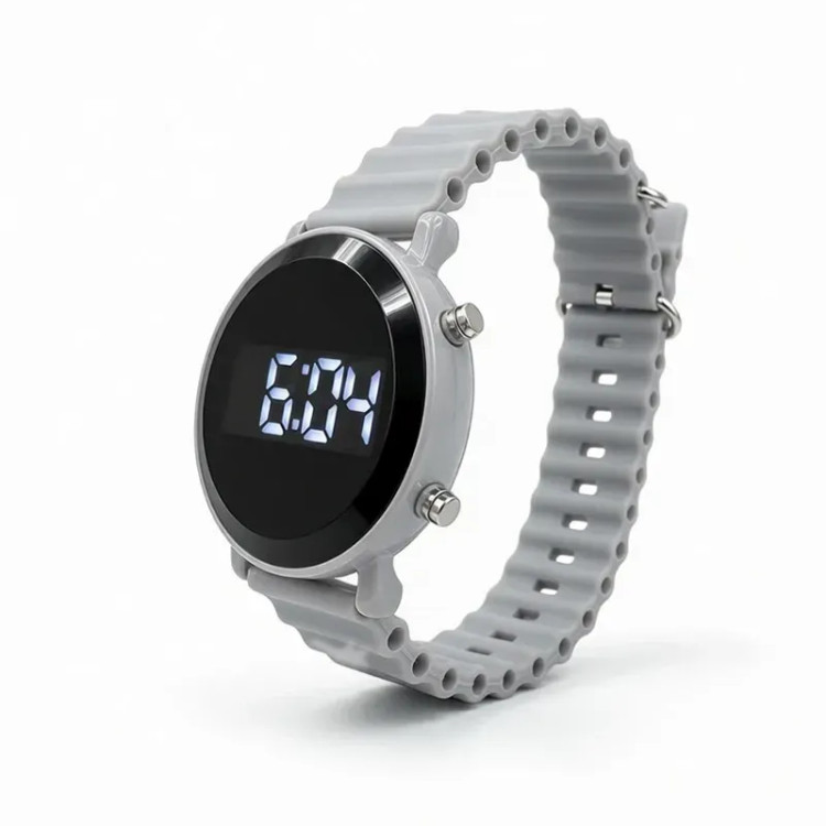 ساعت دیجیتالی LED Watch با بند پیو طوسی و صفحه گرد 35 میلیمتری