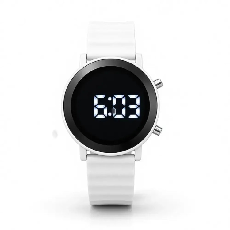 ساعت دیجیتالی LED بند پیو رنگ سفید با صفحه گرد 35 میلیمتری و روزشمار