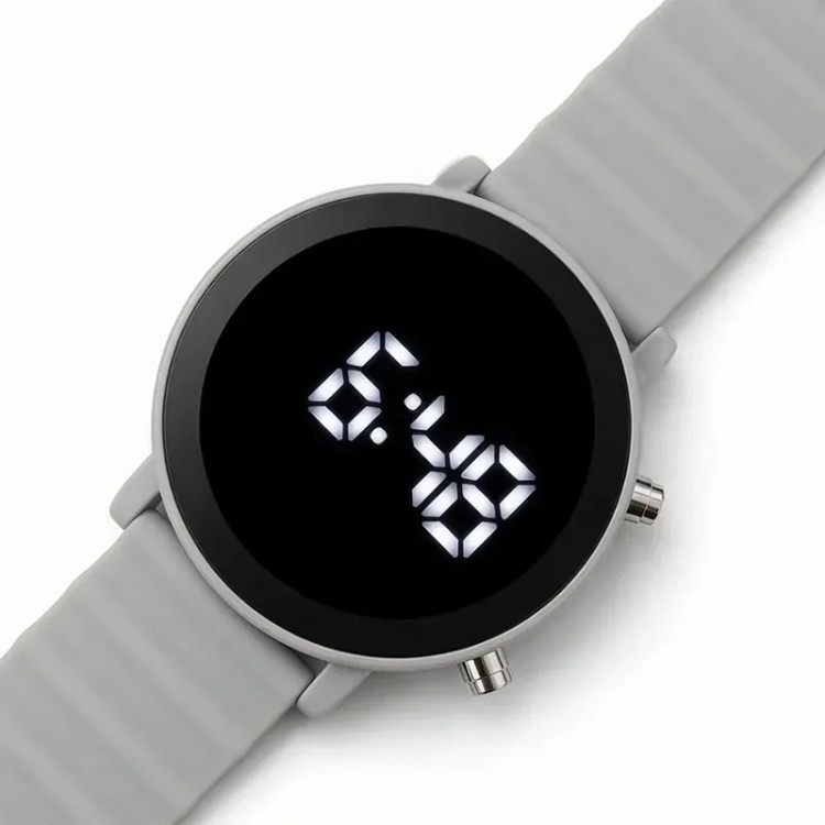 ساعت دیجیتالی LED Watch با بند پیو طوسی و صفحه گرد 35 میلیمتری
