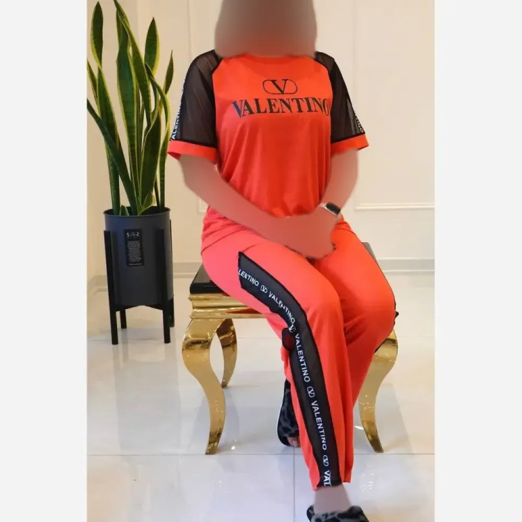 ست تیشرت و شلوار زنانه مدل VALENTINO جنس پنبه لاکرا فری سایز