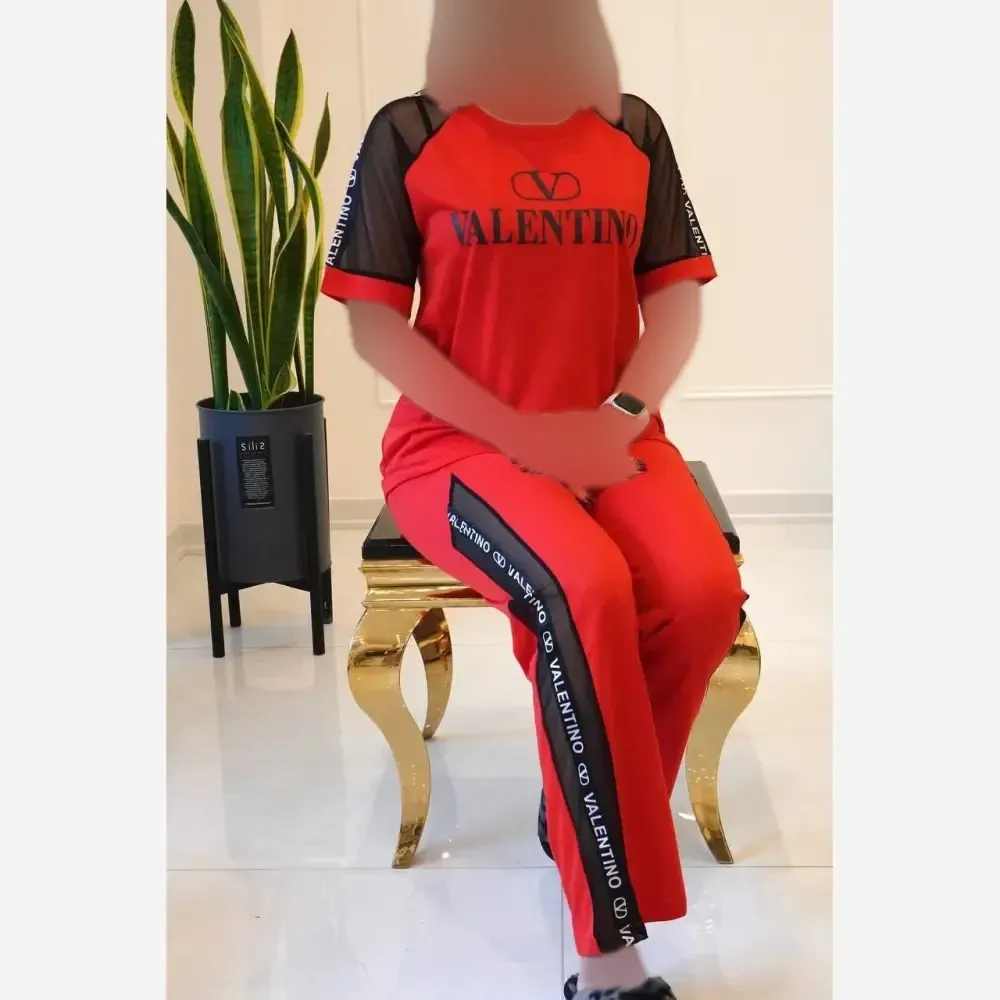 ست تیشرت و شلوار زنانه مدل VALENTINO جنس پنبه لاکرا فری سایز