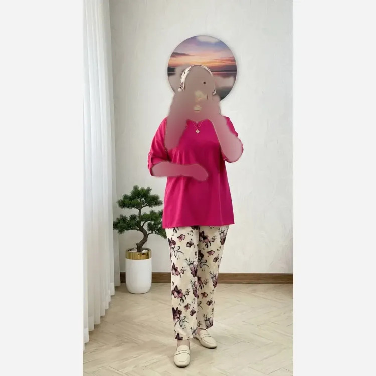 ست شومیز و شلوار زنانه مدل آفاق جنس لنین و شانتون فری سایز