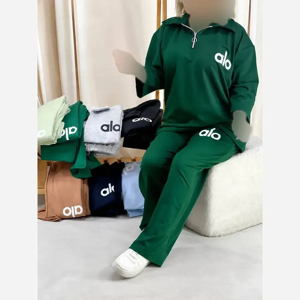 ست تیشرت و شلوار زنانه مدل alo جنس دورس بهاره فری سایز
