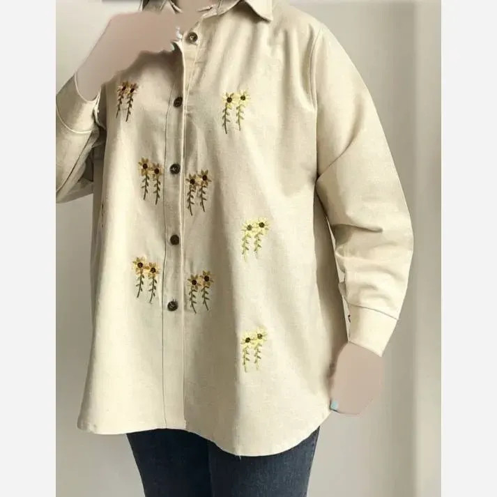 مانتو گلدوزی شده طرح آفتابگردان جنس لنین وارداتی فری سایز