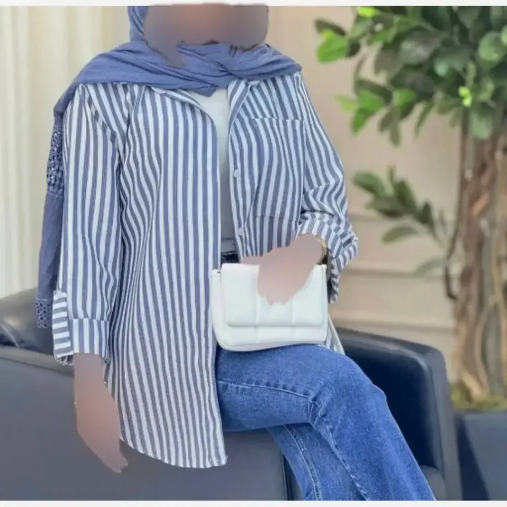 شومیز راه راه لینن تابستانه خنک آستین پاگن دار زنانه