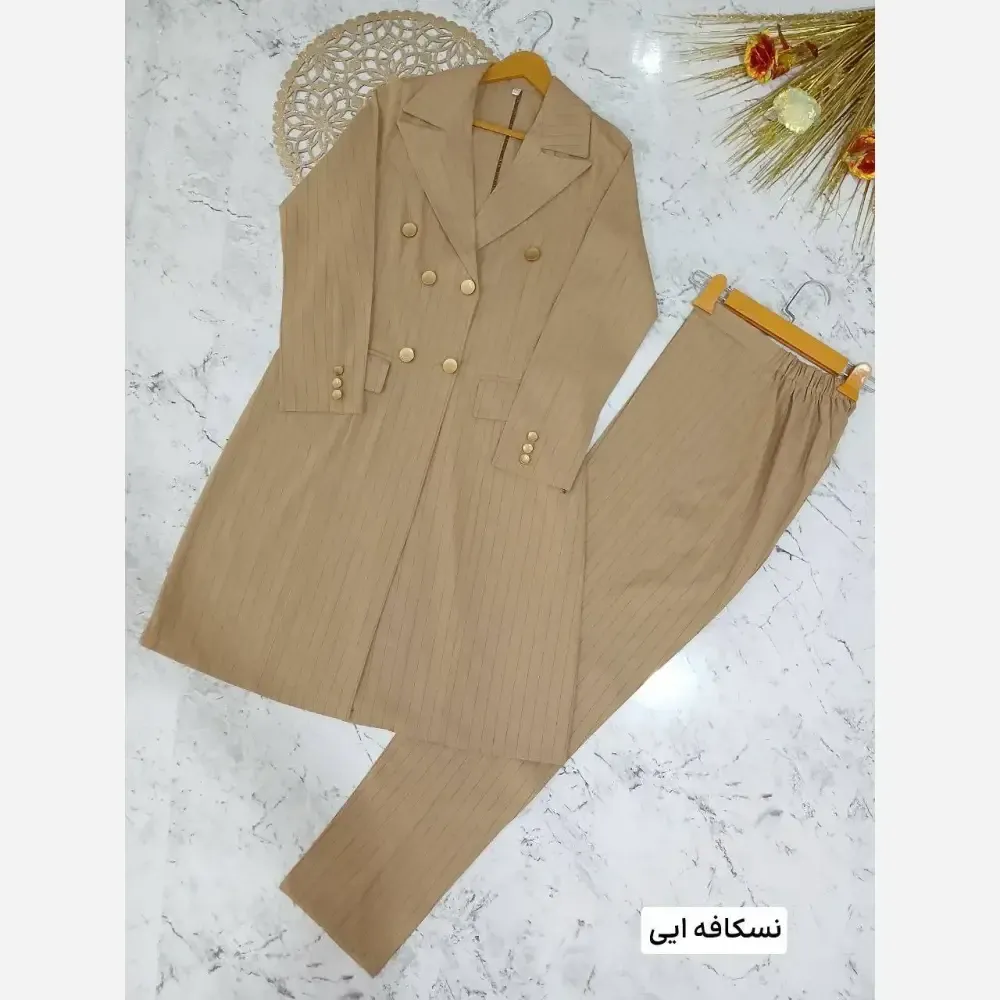 ست کت و شلوار اداری زنانه کتان پلاس دیپلمات قد بلند با کیفیت دوخت عالی