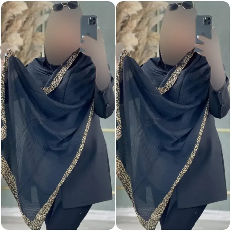 شال حاشیه پلنگی مشکی پلیسه ریز باکیفیت 60*180 سانت مناسب مجلس