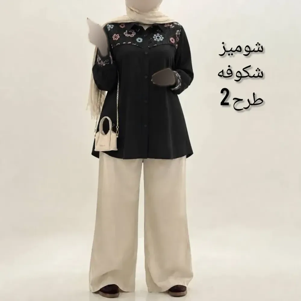 شومیز زنانه طرح شکوفه سوزندوزی و پولک دوزی کرپ حریر فری سایز