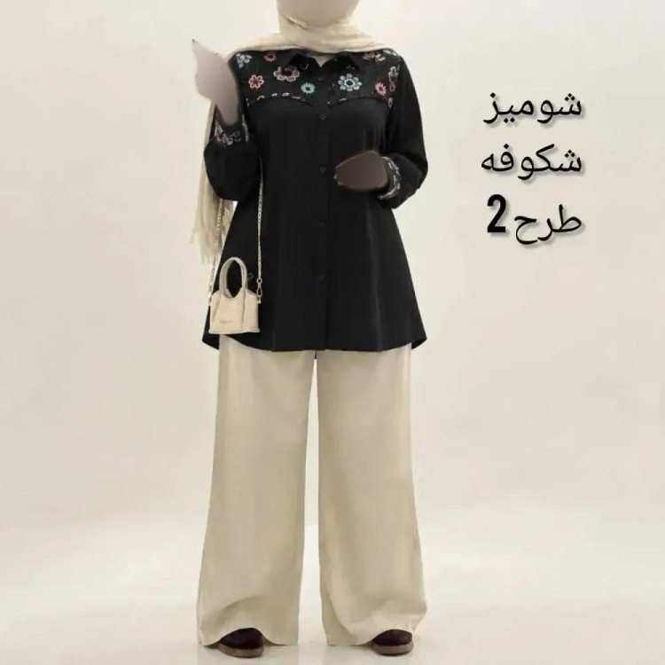 شومیز زنانه طرح شکوفه سوزندوزی و پولک دوزی کرپ حریر فری سایز