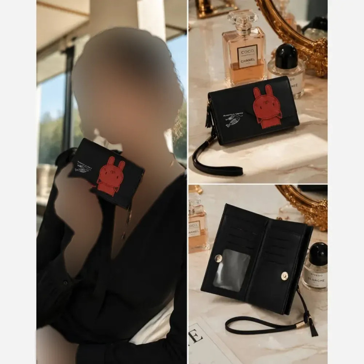 کیف پول چرم طبیعی مردانه مدل cat رنگ مشکی با جای کارت و آلبوم عکس