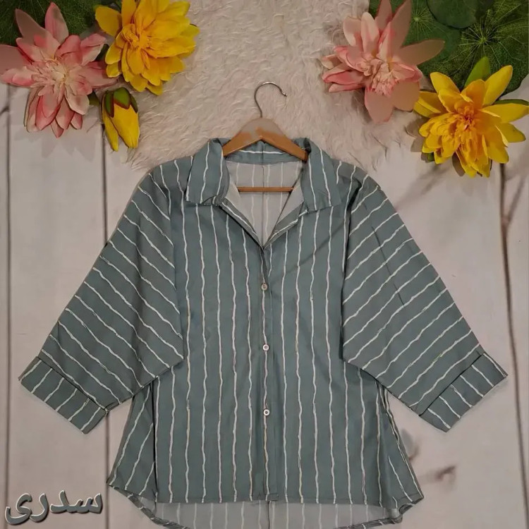 شومیز زنانه خنک جنس پری آستین سه ربع پاکتی فری سایز مناسب 38 تا 48