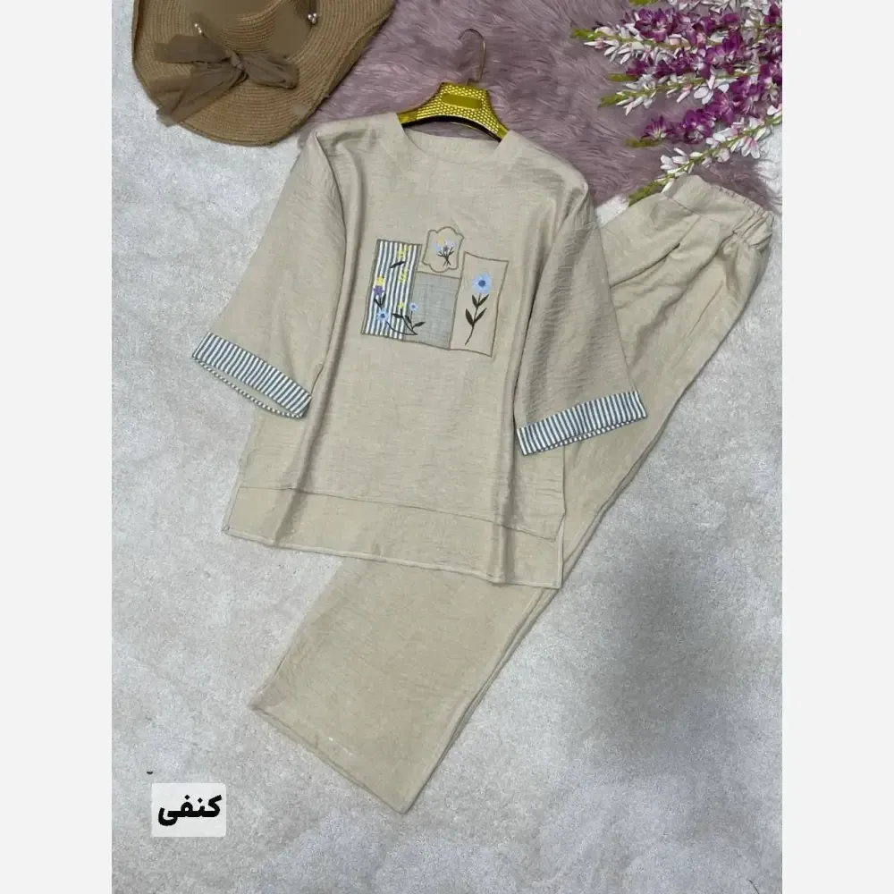 شومیز شلوار سوگند جنس صوفیا سایز فری 38 تا 46 رنگ کنفی نسکافه ای