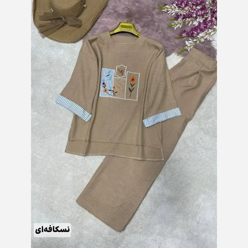 شومیز شلوار سوگند جنس صوفیا سایز فری 38 تا 46 رنگ کنفی نسکافه ای