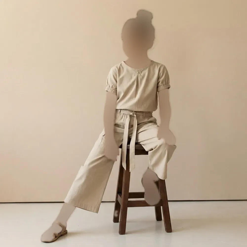 ست کراپ و شلوار واید بگ دخترانه لینن طرح پاپیون