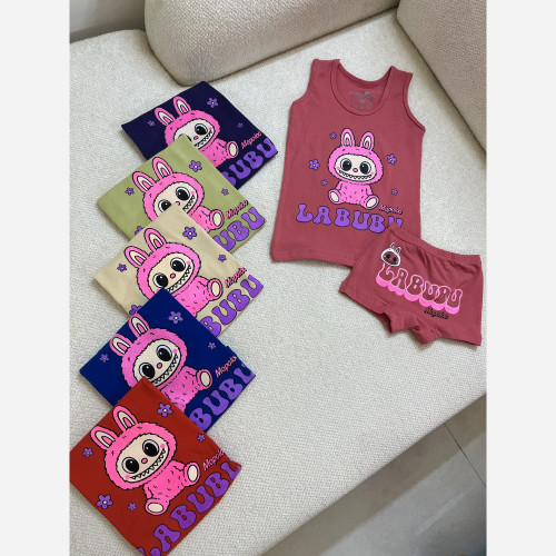 ست رکابی و شورت بچگانه نخ پنبه طرح لبوبو مناسب 3 تا 10 سال