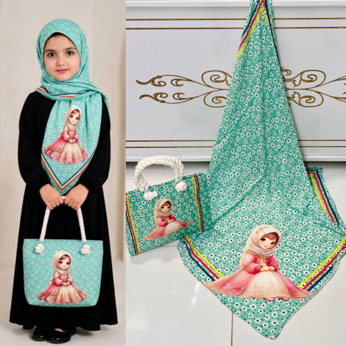 ست کیف و روسری بچگانه با کیف مخمل چاپی و روسری نخی قواره 90
