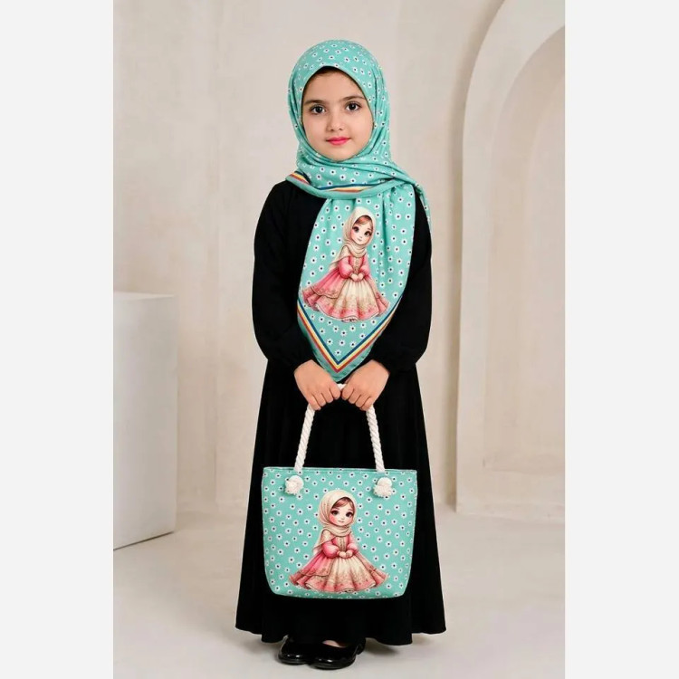 ست کیف و روسری بچگانه با کیف مخمل چاپی و روسری نخی قواره 90