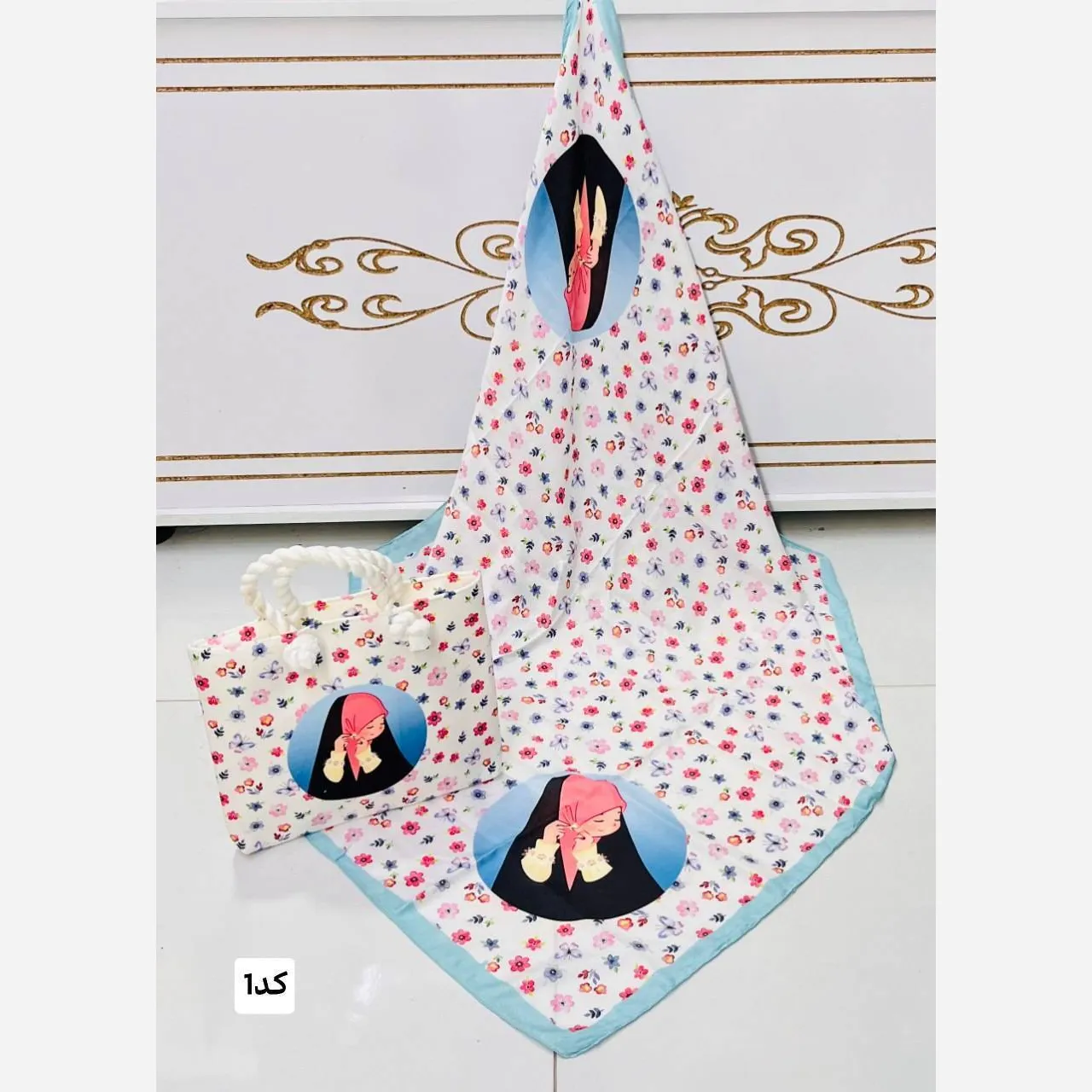 ست کیف و روسری بچگانه با کیف مخمل چاپی و روسری نخی قواره 90