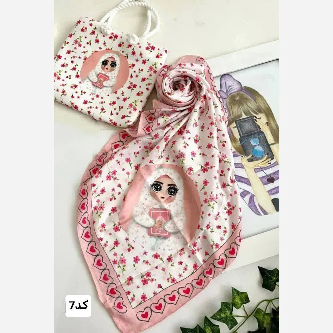 ست کیف و روسری بچگانه با کیف مخمل چاپی و روسری نخی قواره 90