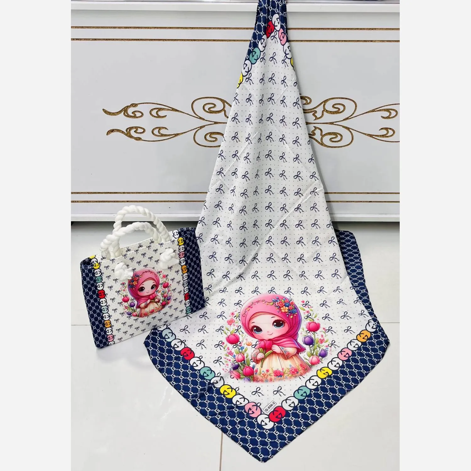 ست کیف و روسری بچگانه با کیف مخمل چاپی و روسری نخی قواره 90