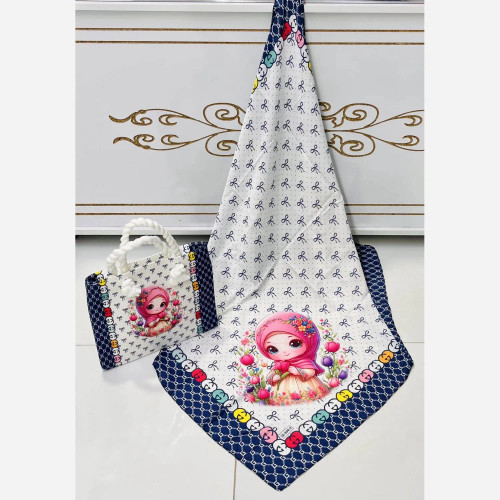 ست کیف و روسری بچگانه با کیف مخمل چاپی و روسری نخی قواره 90
