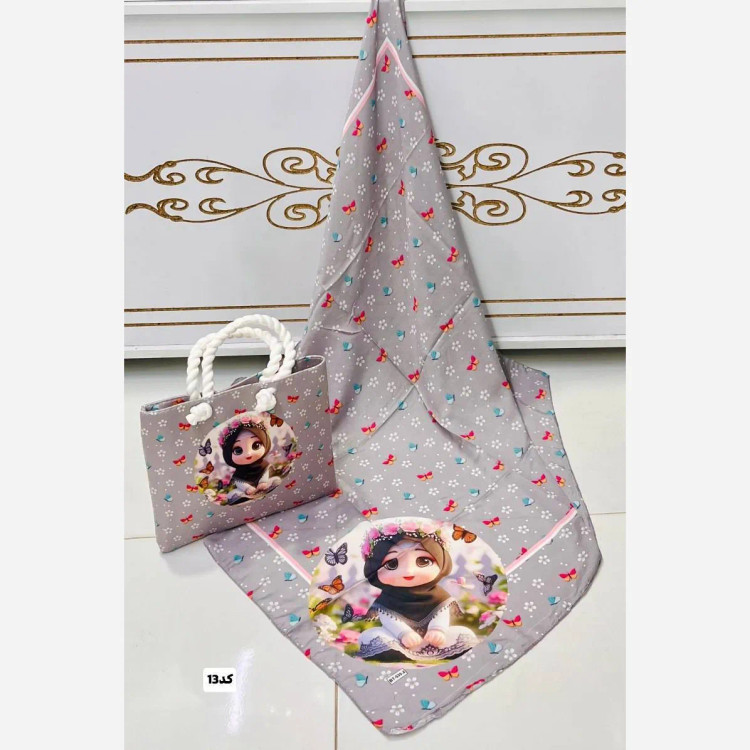 ست کیف و روسری بچگانه با کیف مخمل چاپی و روسری نخی قواره 90