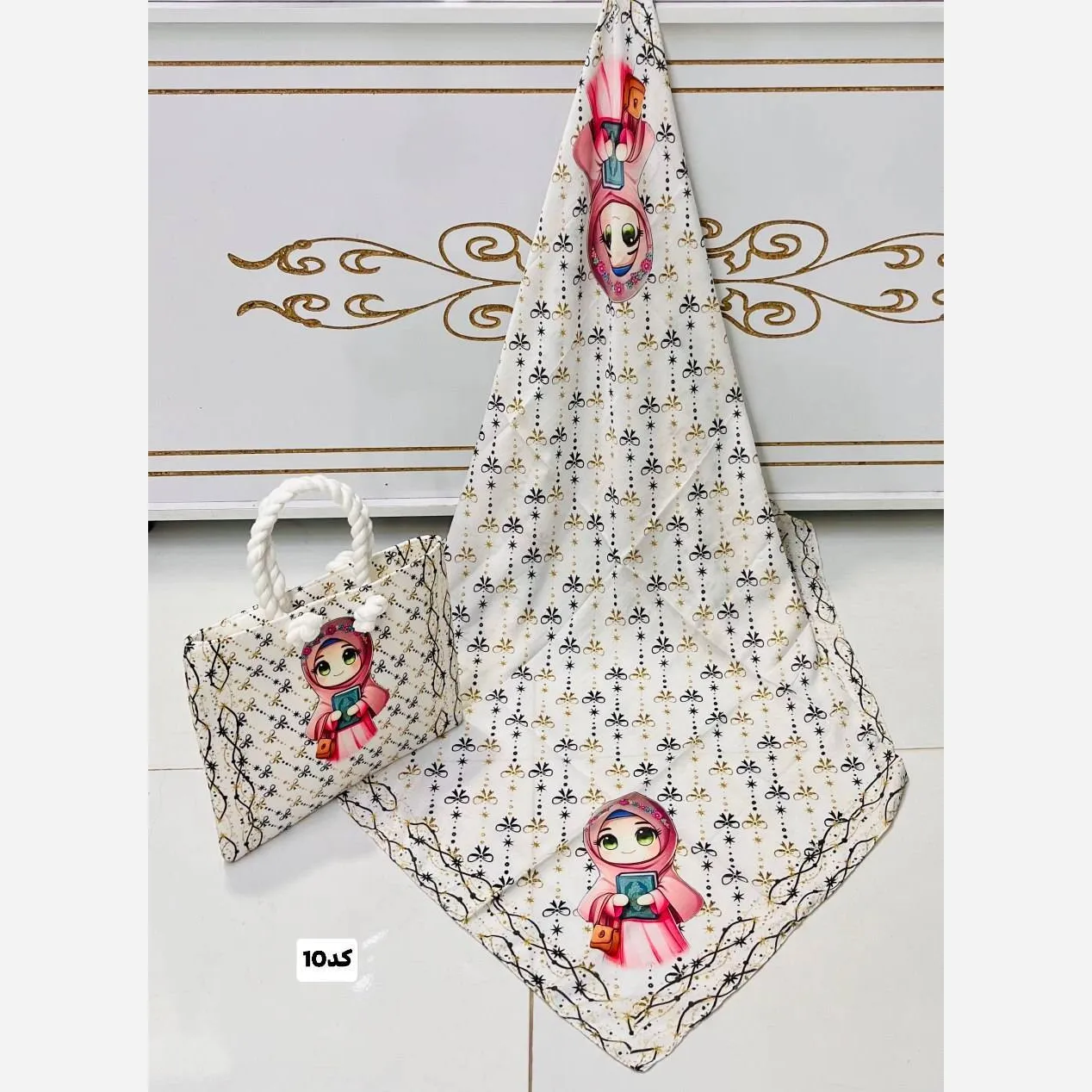 ست کیف و روسری بچگانه با کیف مخمل چاپی و روسری نخی قواره 90