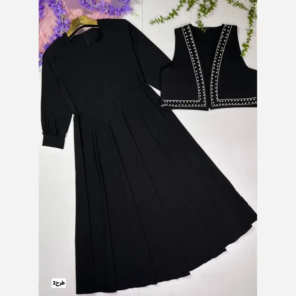 ست دو تیکه پیراهن الیزه و جلیقه مازراتی مجلسی گلدوزی شده سایز 40 تا 48
