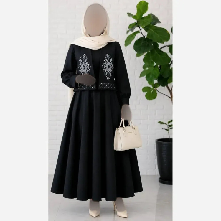 ست دو تیکه پیراهن الیزه و جلیقه مازراتی مجلسی گلدوزی شده سایز 40 تا 48
