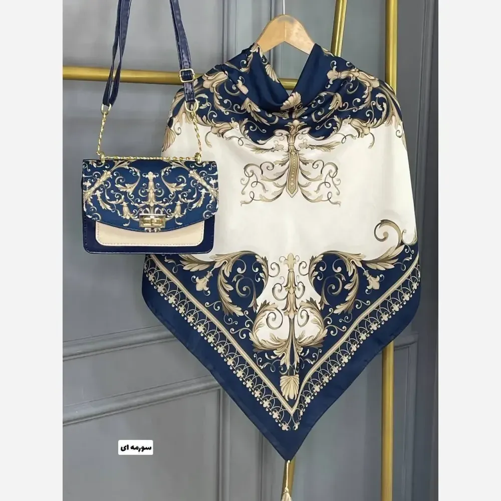 ست کیف و روسری کاترینا جنس مخمل و چرم صنعتی با روسری نخی منگولهدار