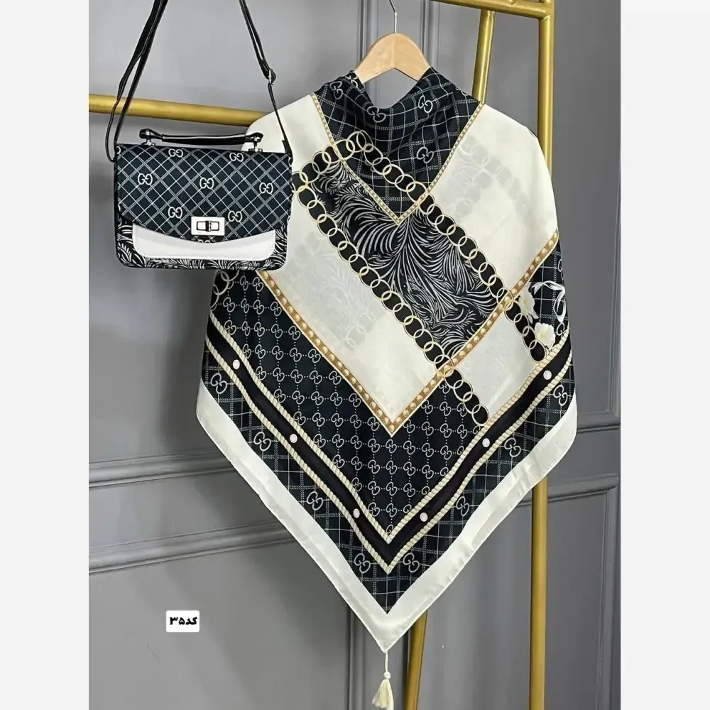 ست کیف و روسری زنانه مدل گالریا با کیف مخمل و چرم و روسری نخی منگولهدار