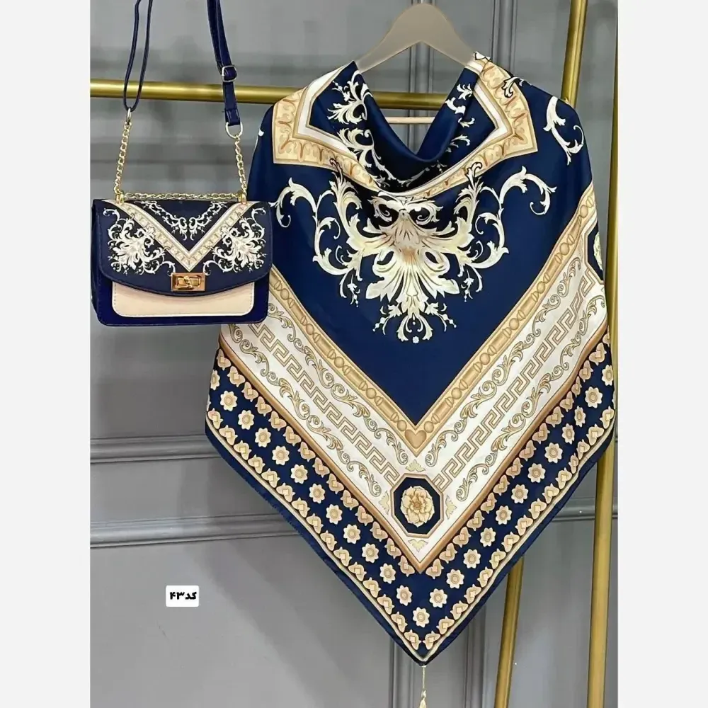 ست کیف و روسری زنانه مدل سلینا با کیف مخمل و چرم و روسری نخی منگولهدار