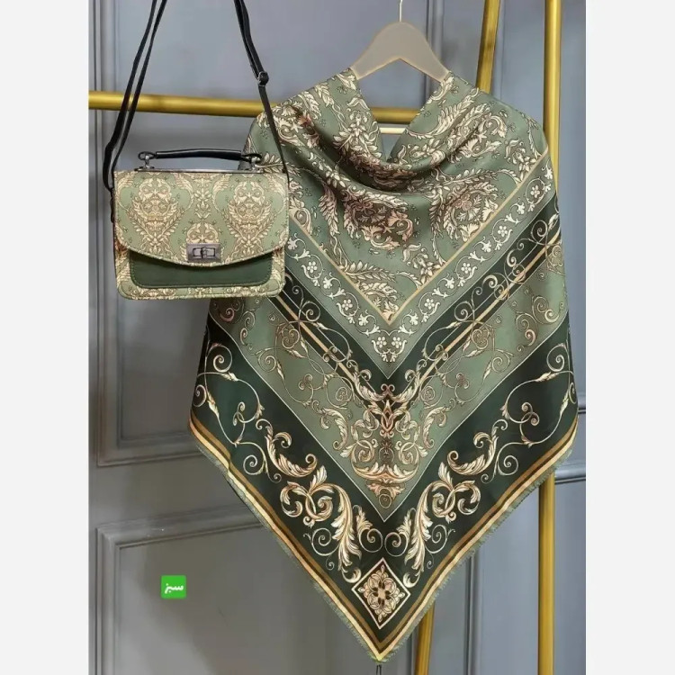 ست کیف و روسری الیزابت جنس مخمل و چرم صنعتی با روسری نخی منگولهدار