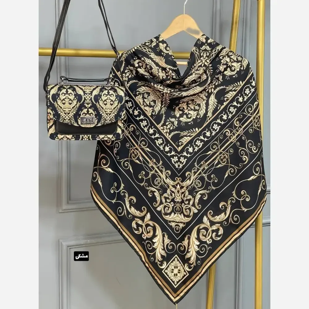 ست کیف و روسری الیزابت جنس مخمل و چرم صنعتی با روسری نخی منگولهدار