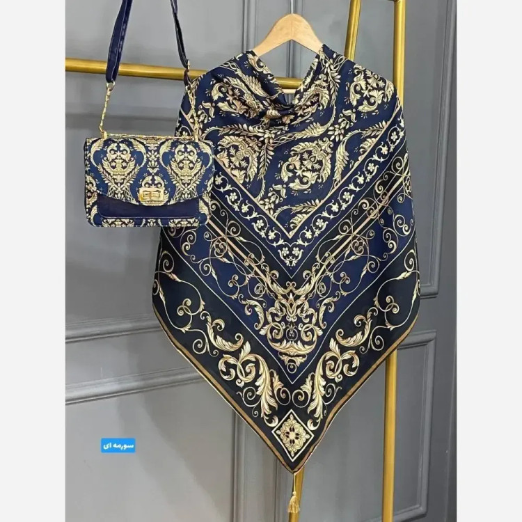 ست کیف و روسری الیزابت جنس مخمل و چرم صنعتی با روسری نخی منگولهدار