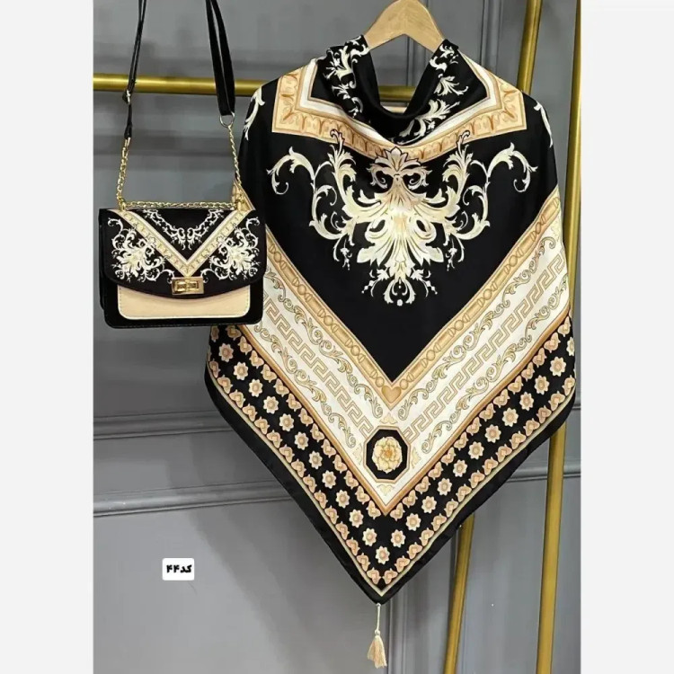 ست کیف و روسری زنانه مدل سلینا با کیف مخمل و چرم و روسری نخی منگولهدار