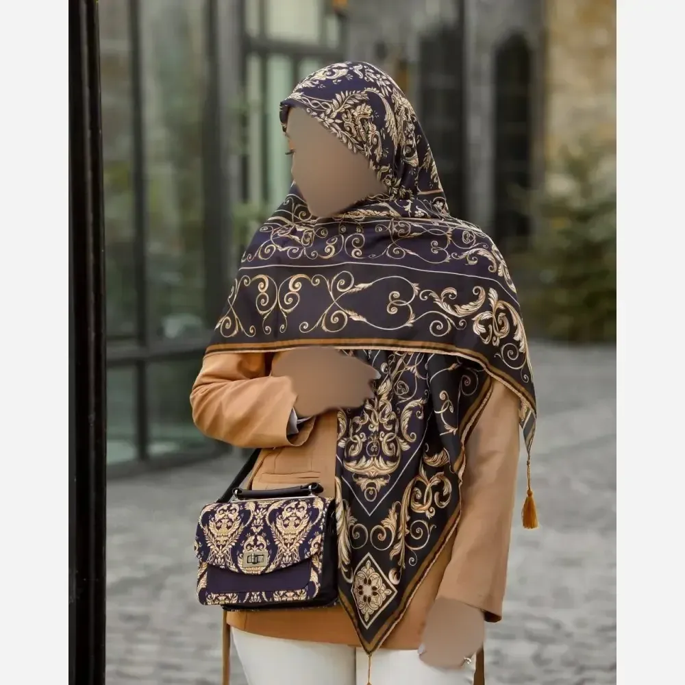 ست کیف و روسری الیزابت جنس مخمل و چرم صنعتی با روسری نخی منگولهدار