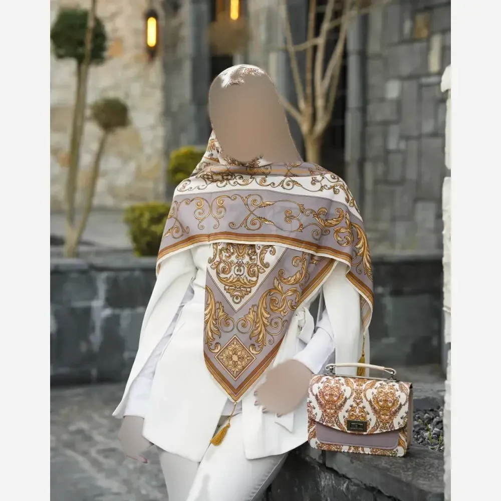 ست کیف و روسری الیزابت جنس مخمل و چرم صنعتی با روسری نخی منگولهدار