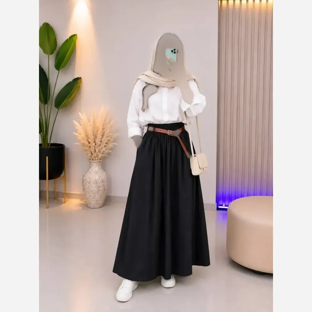 دامن زنانه لنینت مشکی فری سایز با کمربند