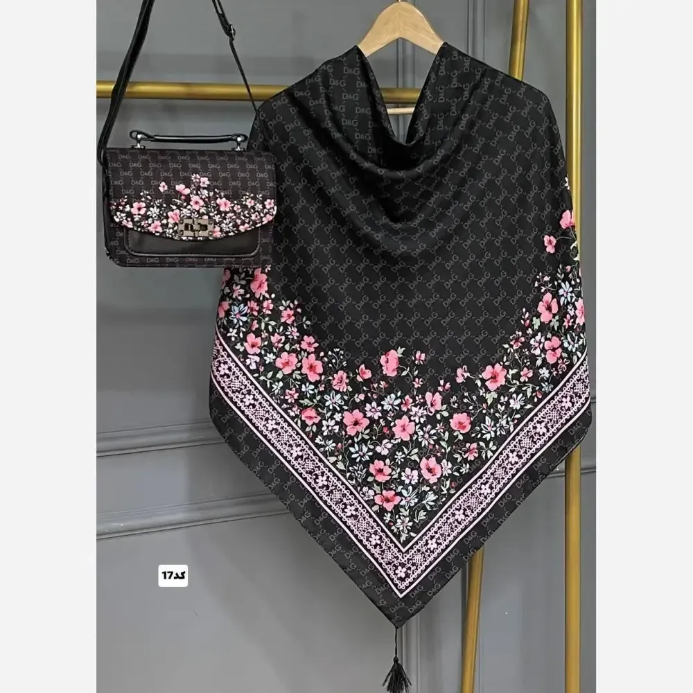 ست کیف و روسری گلسا جنس مخمل و چرم صنعتی با روسری نخی منگولهدار