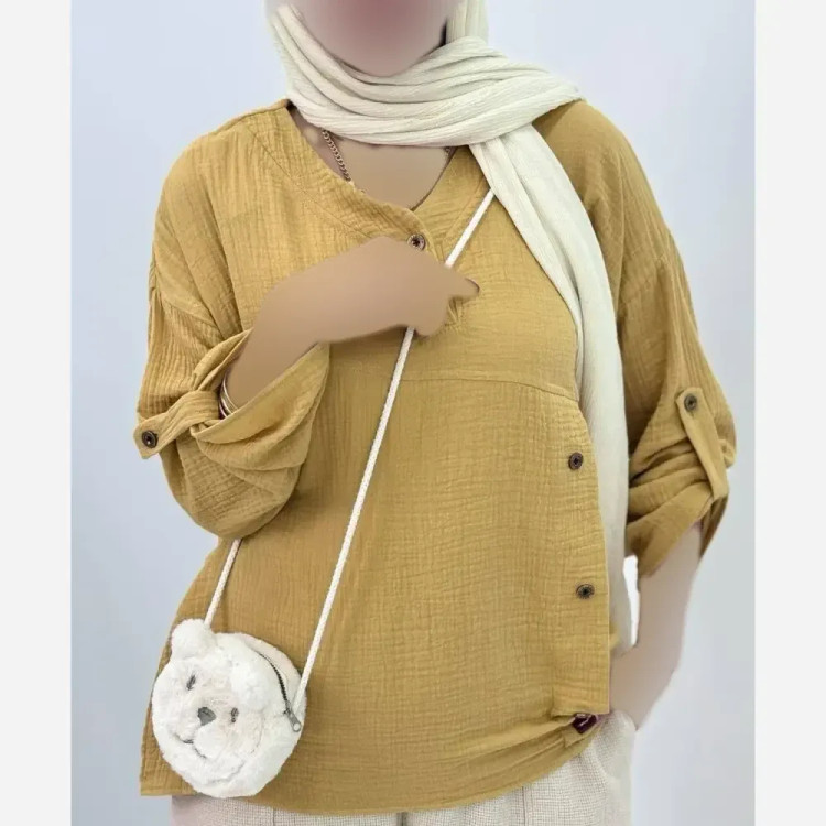 تونیک مانتویی زنانه مدل بریانا جنس دبل فیس رنگ خردلی فری سایز