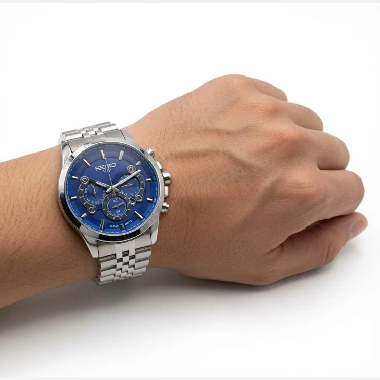 ساعت مردانه سیکو استیل صفحه آبی طرح سه موتور تقویمدار موتور ژاپن