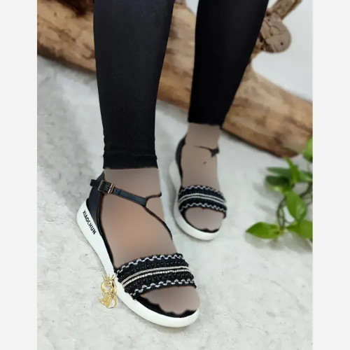 صندل طبی زنانه چرم صنعتی مدل هپی مروارید رنگ مشکی و کرم
