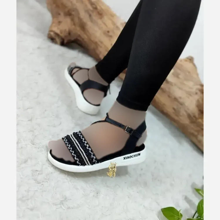 صندل طبی زنانه چرم صنعتی مدل هپی مروارید رنگ مشکی و کرم