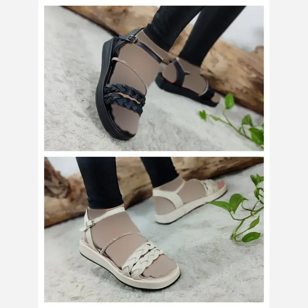 صندل طبی زنانه مدل دو گیس چرم صنعتی رنگ مشکی و کرمی